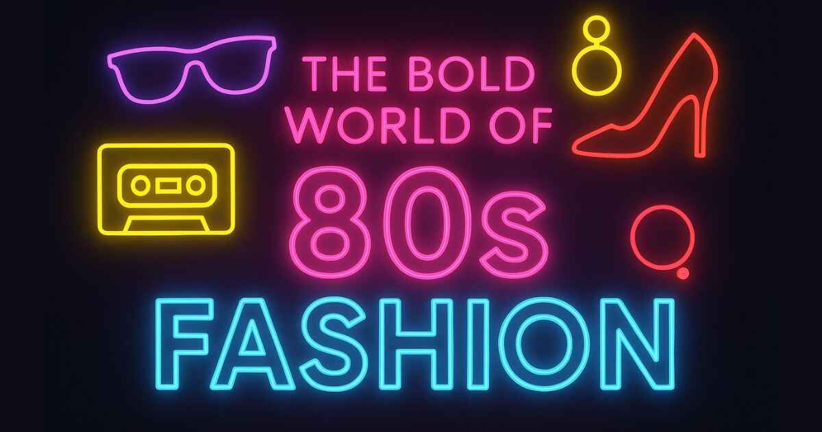 Neon retro aesthetic design featuring 80s fashion icons like sunglasses, cassette tape, high heels, and earrings with bold glowing typography.