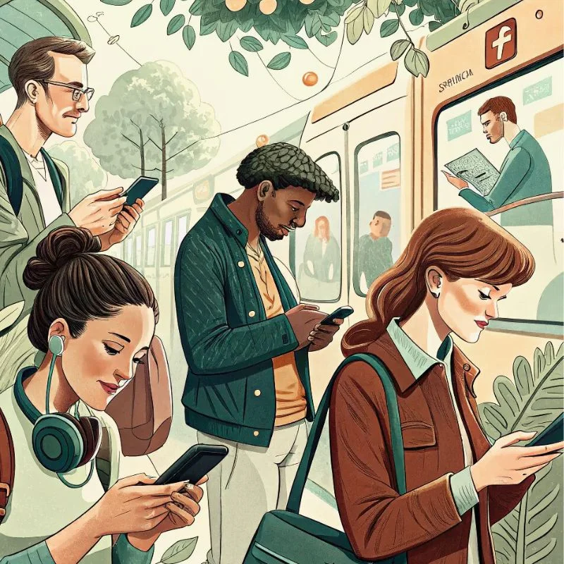 Illustration of Many People Using Mobile Outdoor
