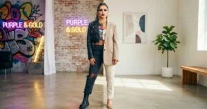 Woman comparing a bold baddie outfit with a minimal fashion outfit in a luxury wardrobe.