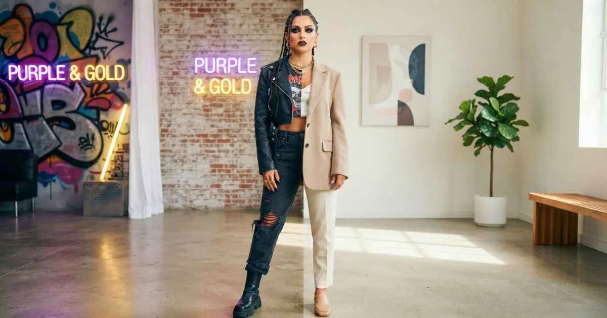 Woman comparing a bold baddie outfit with a minimal fashion outfit in a luxury wardrobe.