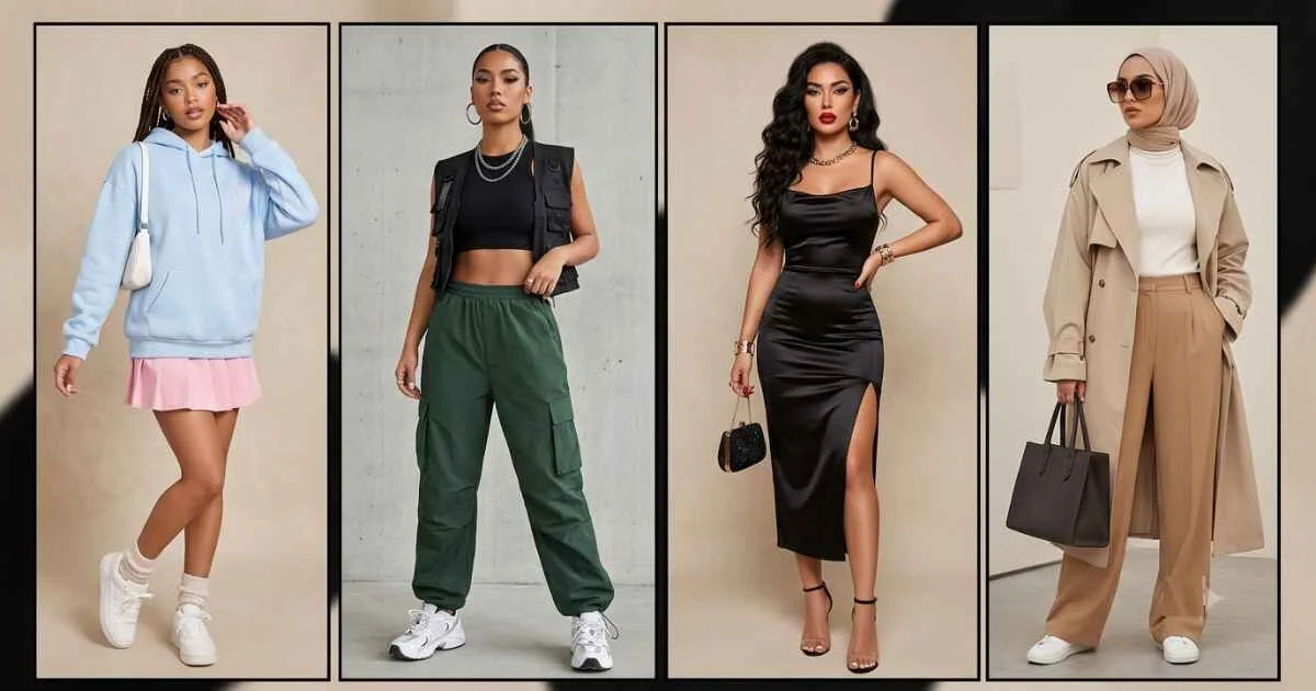 Four popular baddie fashion styles including soft, street, glam, and modest baddie outfits displayed in a modern editorial layout.