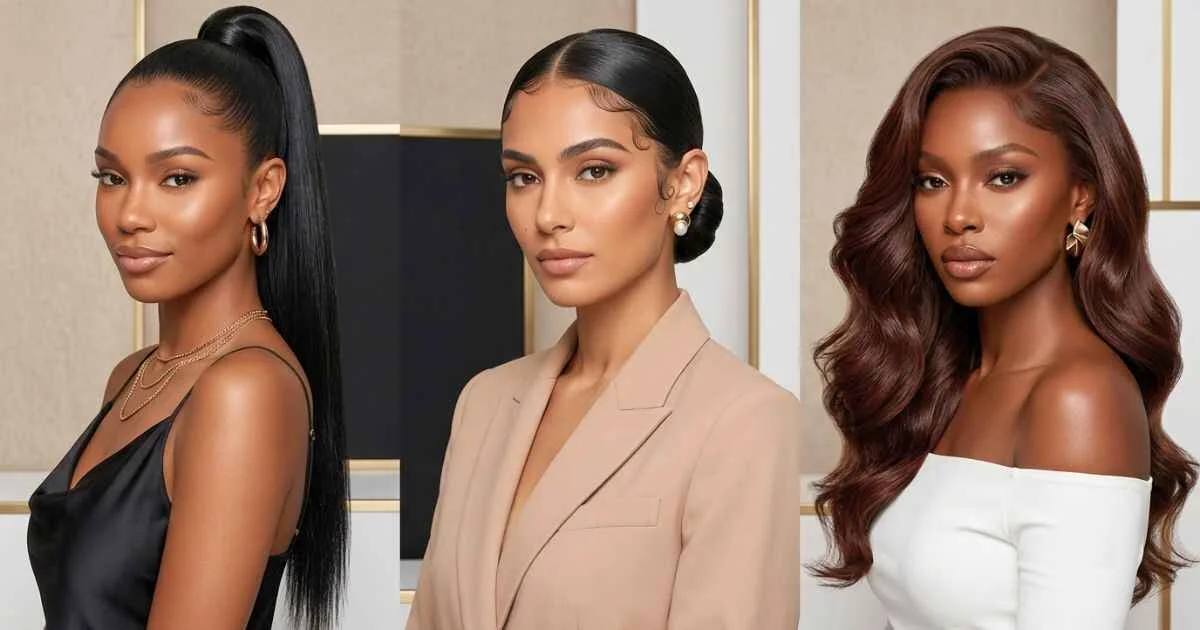 Baddie Hair Ideas featuring a sleek high ponytail, polished low bun, and glossy voluminous waves in a luxury beauty editorial style.