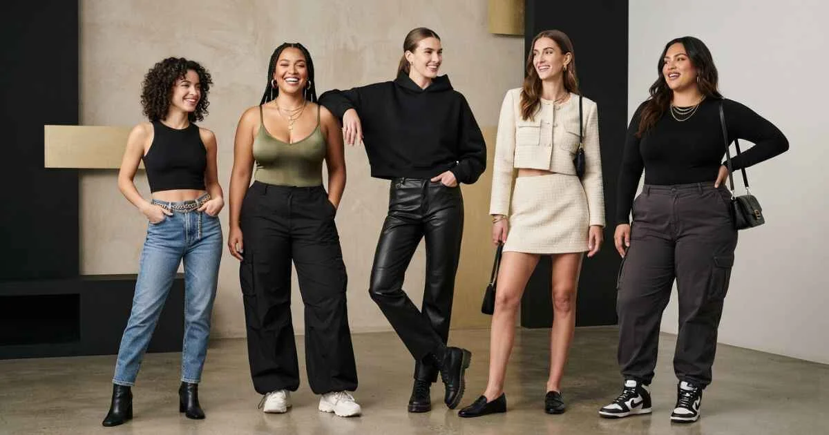 Baddie style for different body types featuring petite, tall, curvy, straight, and plus-size models wearing flattering modern outfits.