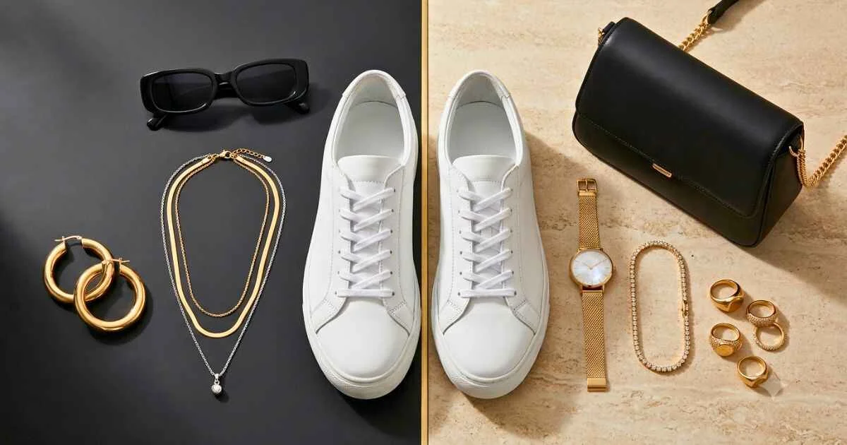 Essential baddie fashion accessories including hoop earrings, layered necklaces, sunglasses, a mini shoulder bag, watch, bracelet, and white sneakers arranged in a luxury editorial flat lay.
