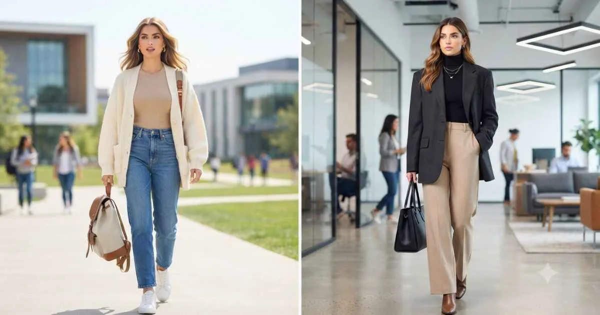 Everyday Baddie Outfits for College or Work featuring stylish casual looks for a college campus and a modern office.